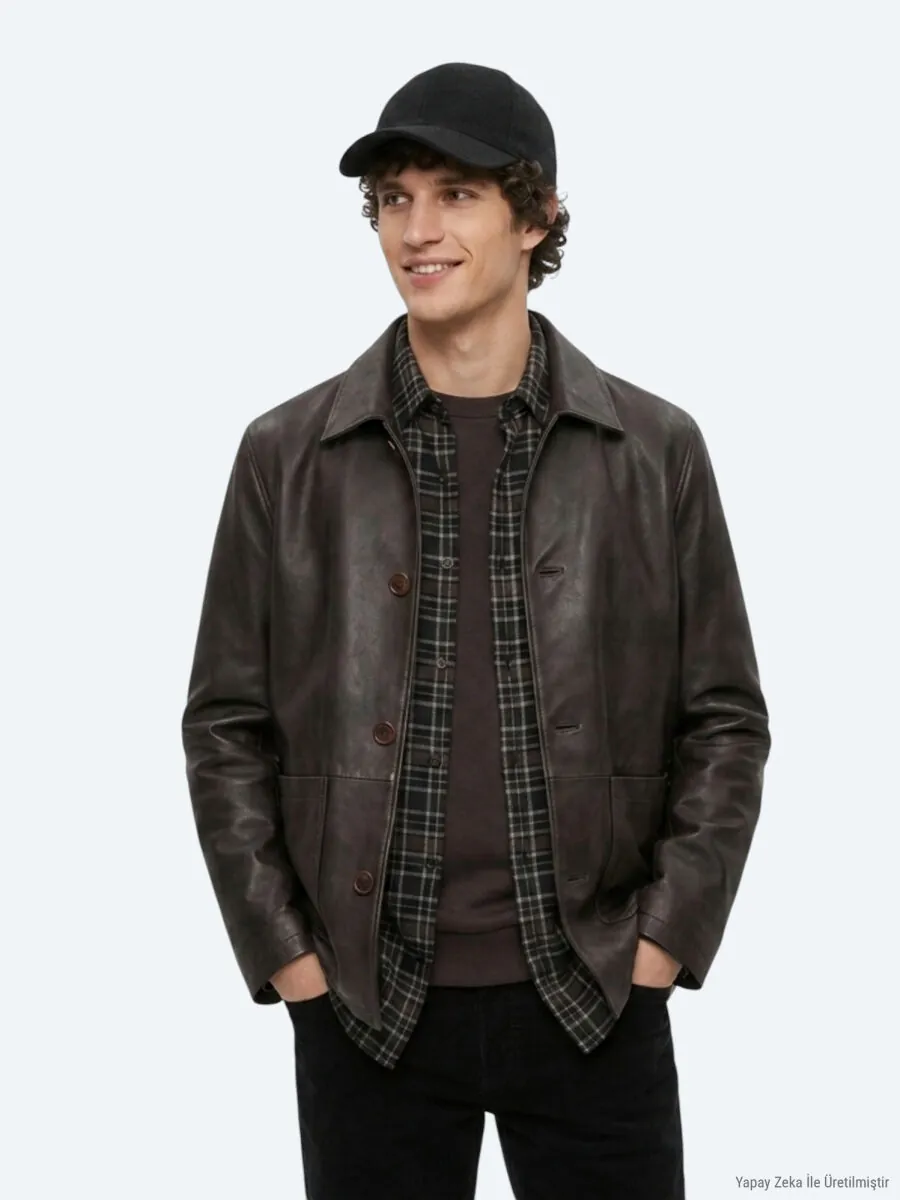 Brown Regular Fit Shirt Collar Casual Leather Leather Coat - 1
