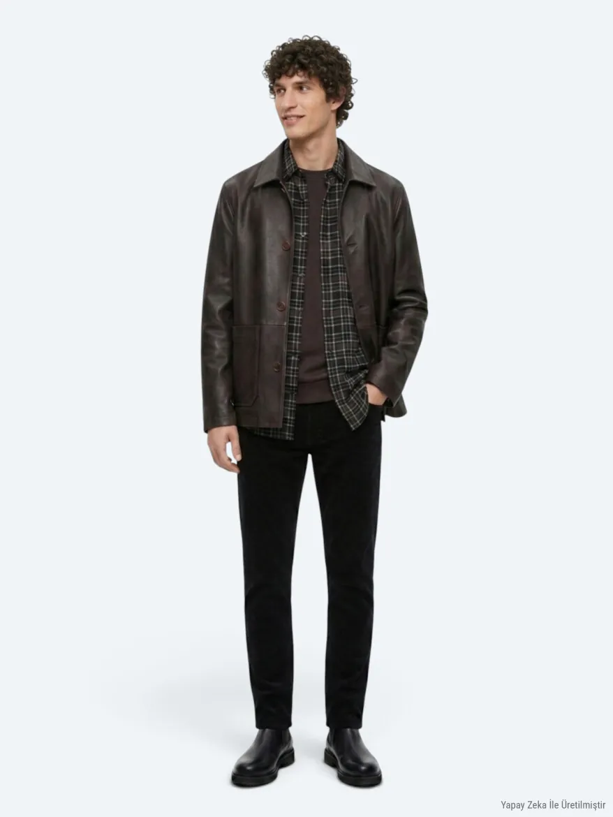 Brown Regular Fit Shirt Collar Casual Leather Leather Coat - 4