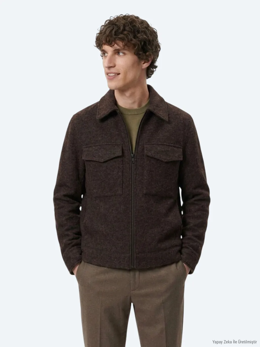 Brown Regular Fit Shirt Collar Casual Weaving Coat - 1