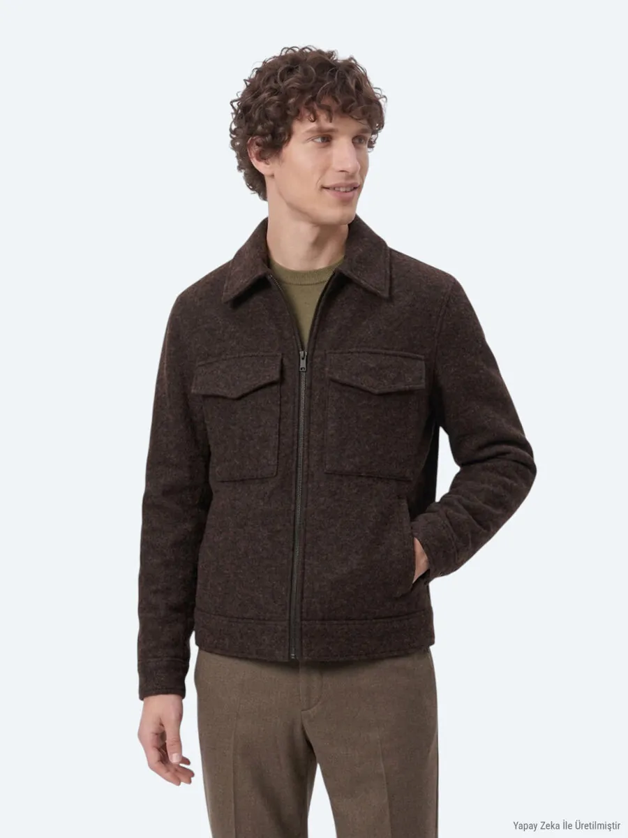 Brown Regular Fit Shirt Collar Casual Weaving Coat - 3