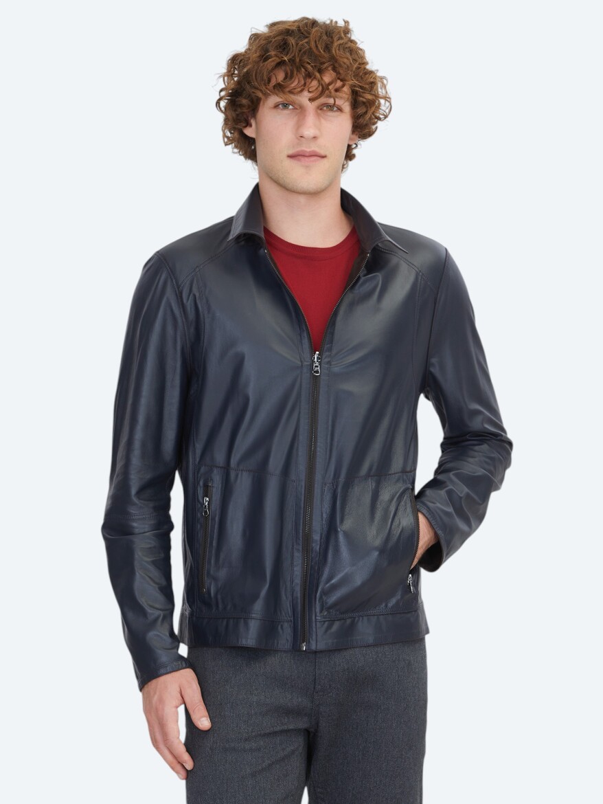 Brown Regular Fit Shirt Collar Smart Casual Double-Sided Leather Coat - 2