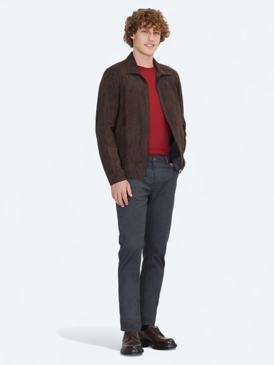 Brown Regular Fit Shirt Collar Smart Casual Double-Sided Leather Coat - 3