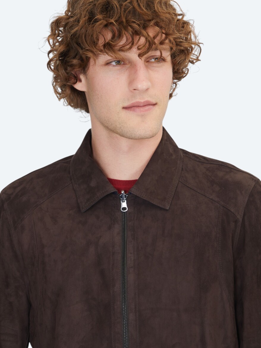 Brown Regular Fit Shirt Collar Smart Casual Double-Sided Leather Coat - 4