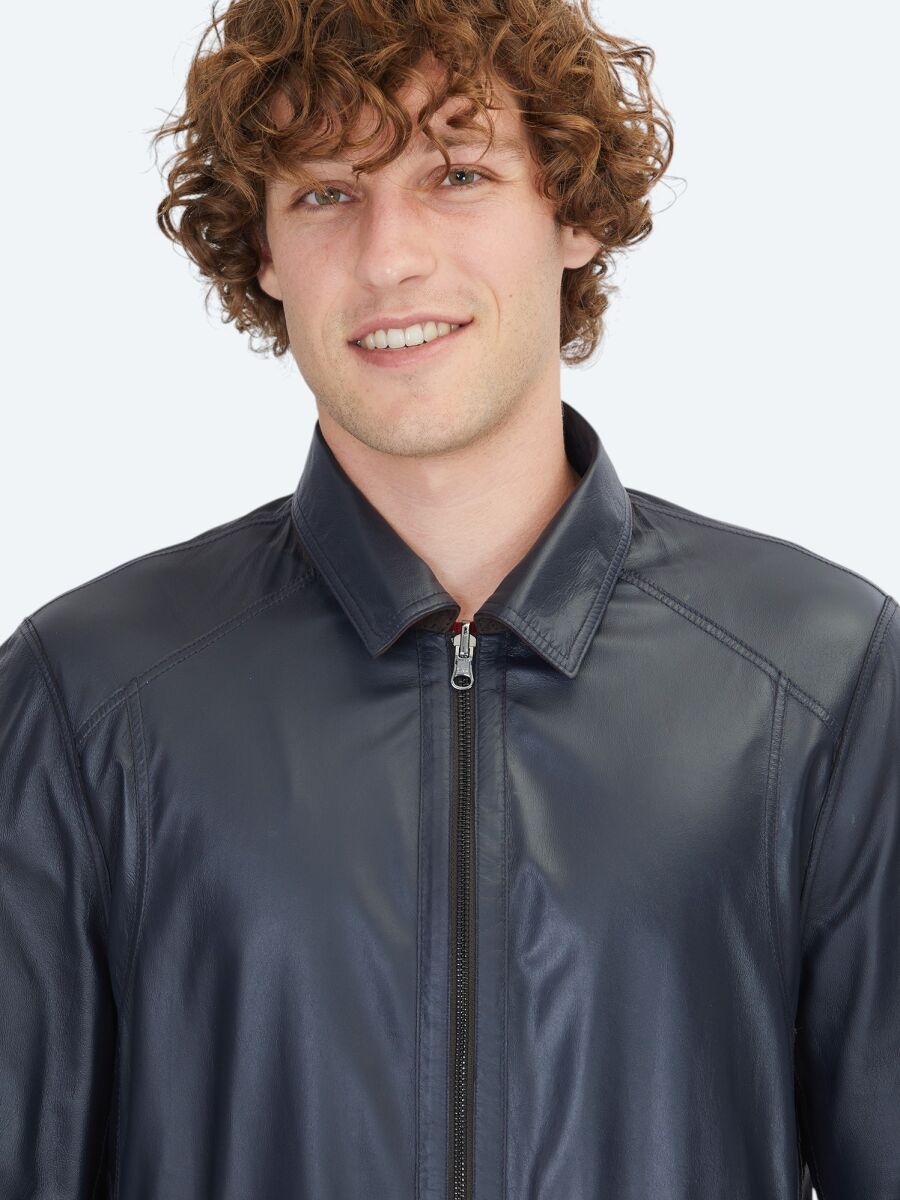 Brown Regular Fit Shirt Collar Smart Casual Double-Sided Leather Coat - 5