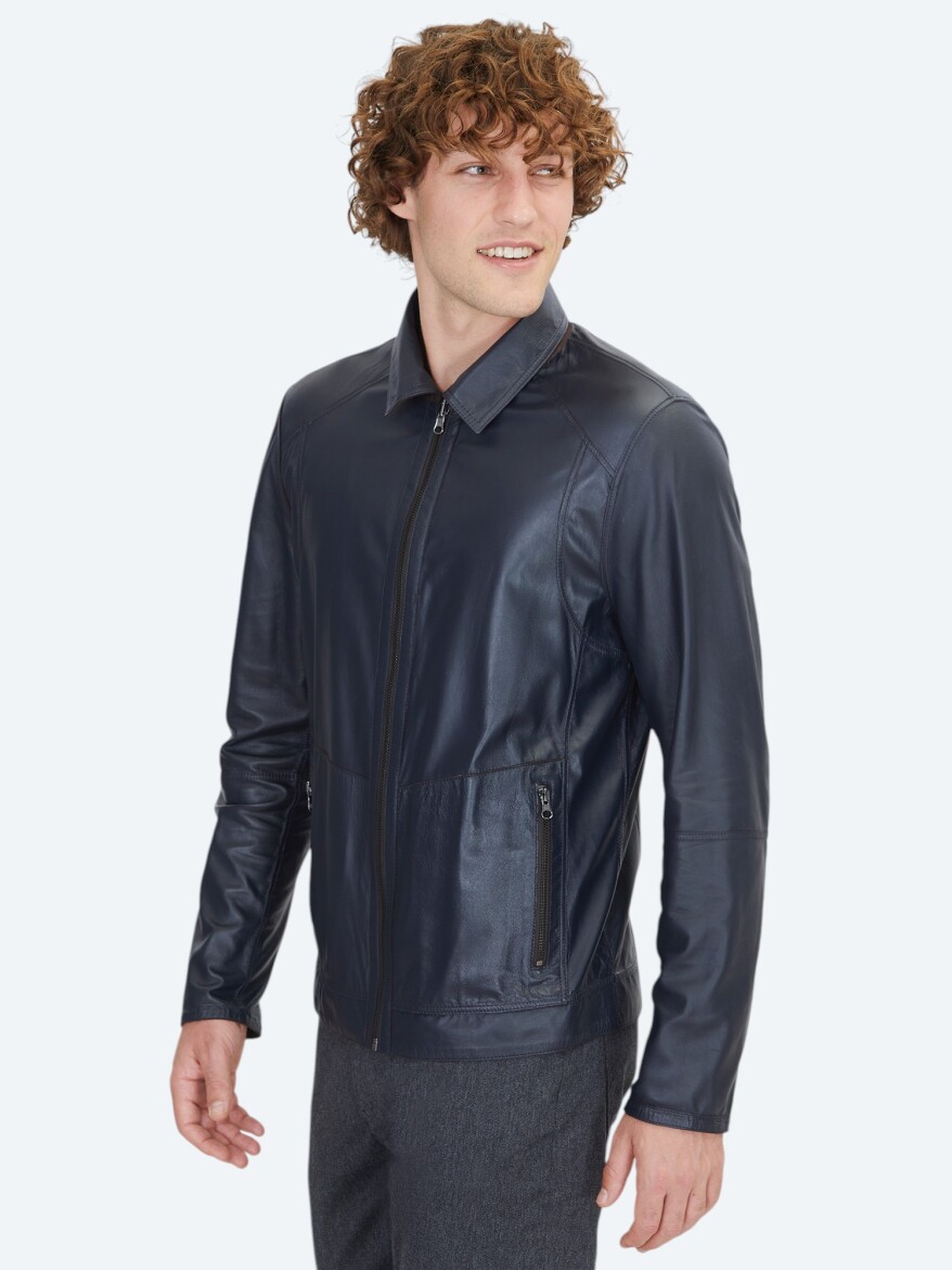 Brown Regular Fit Shirt Collar Smart Casual Double-Sided Leather Coat - 7