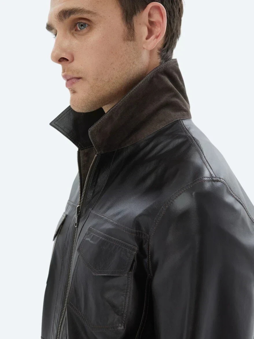 Brown Regular Fit Turtleneck Smart Casual Double-Sided Leather Coat - 6