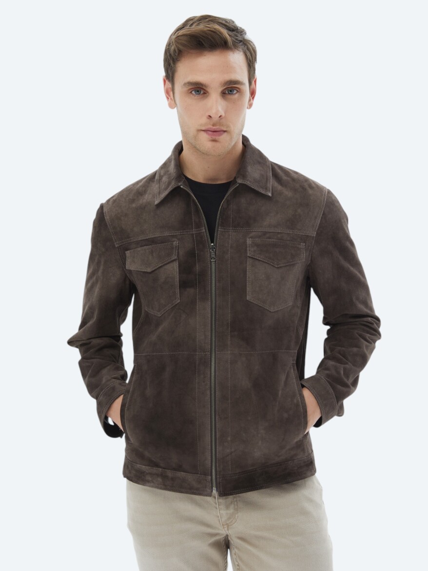 Brown Regular Fit Turtleneck Smart Casual Double-Sided Leather Coat - 1