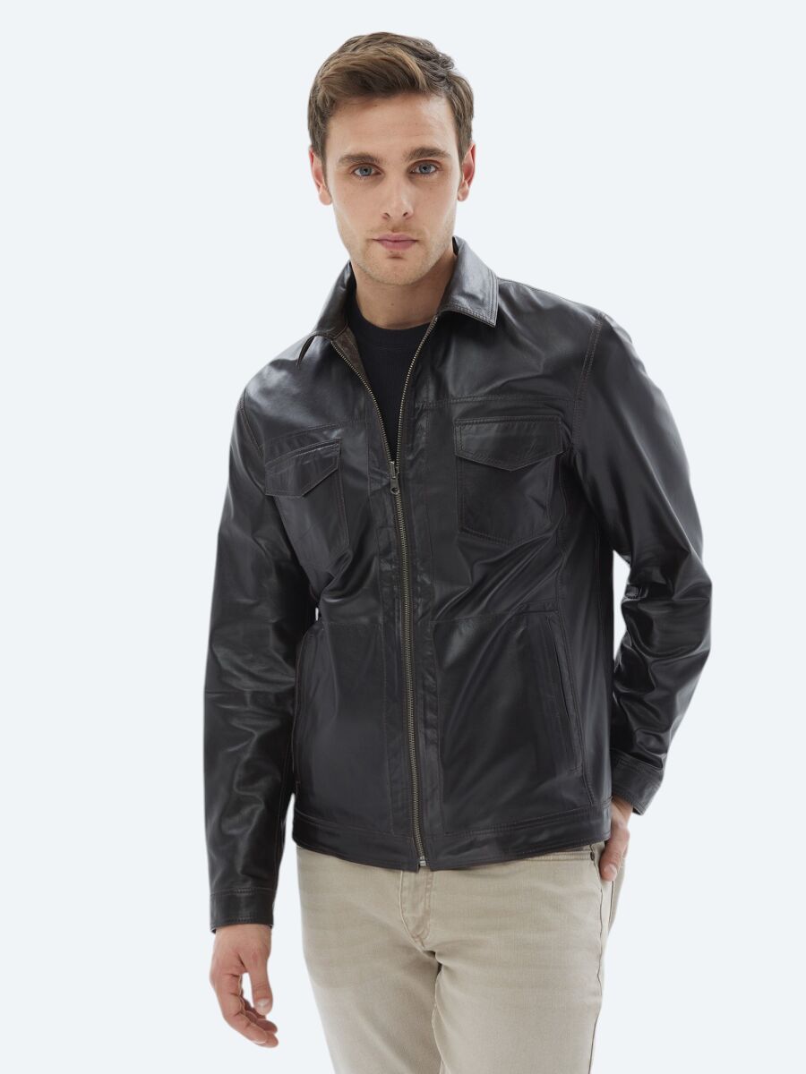 Brown Regular Fit Turtleneck Smart Casual Double-Sided Leather Coat - 2