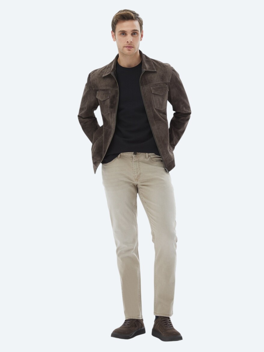 Brown Regular Fit Turtleneck Smart Casual Double-Sided Leather Coat - 3