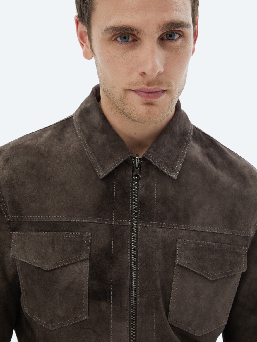 Brown Regular Fit Turtleneck Smart Casual Double-Sided Leather Coat - 5
