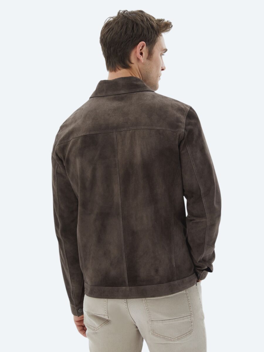 Brown Regular Fit Turtleneck Smart Casual Double-Sided Leather Coat - 7
