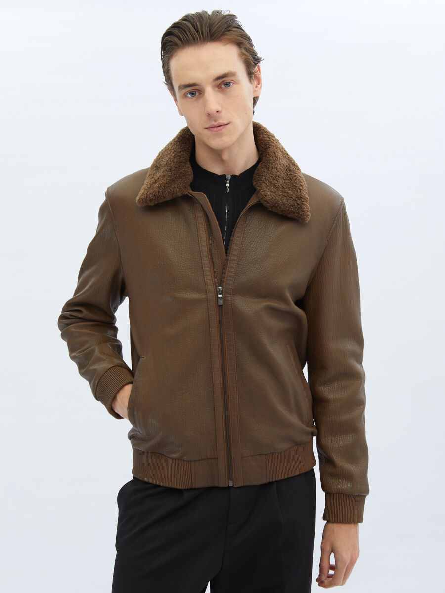 Brown Regular Fit Turtleneck Smart Casual Sheep Leather Leather Coat - 1