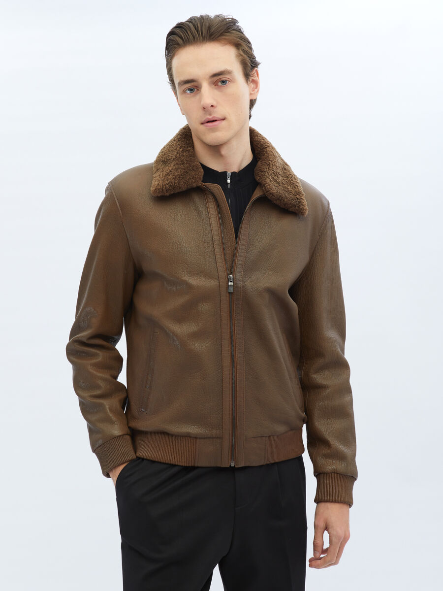 Brown Regular Fit Turtleneck Smart Casual Sheep Leather Leather Coat - 3