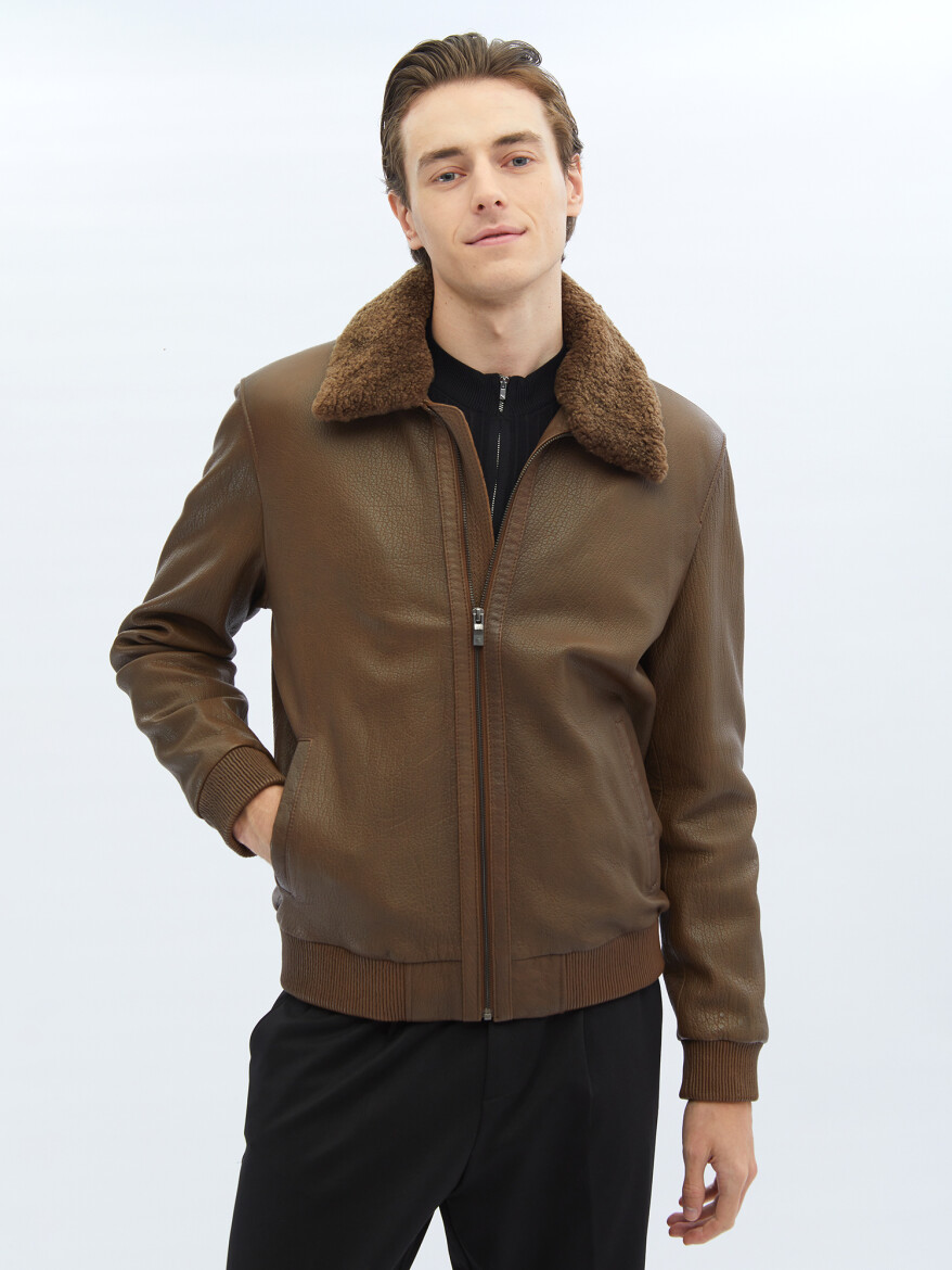 Brown Regular Fit Turtleneck Smart Casual Sheep Leather Leather Coat - 4