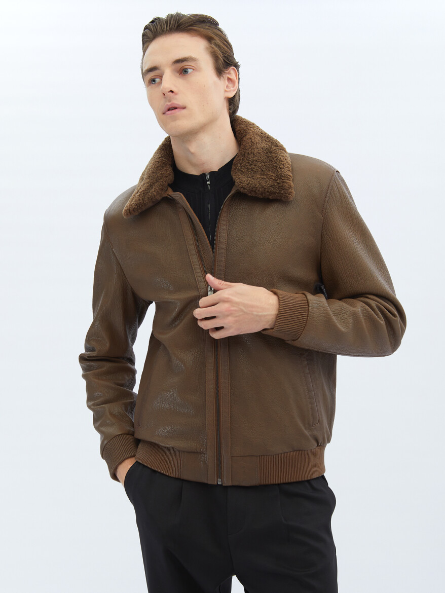 Brown Regular Fit Turtleneck Smart Casual Sheep Leather Leather Coat - 5