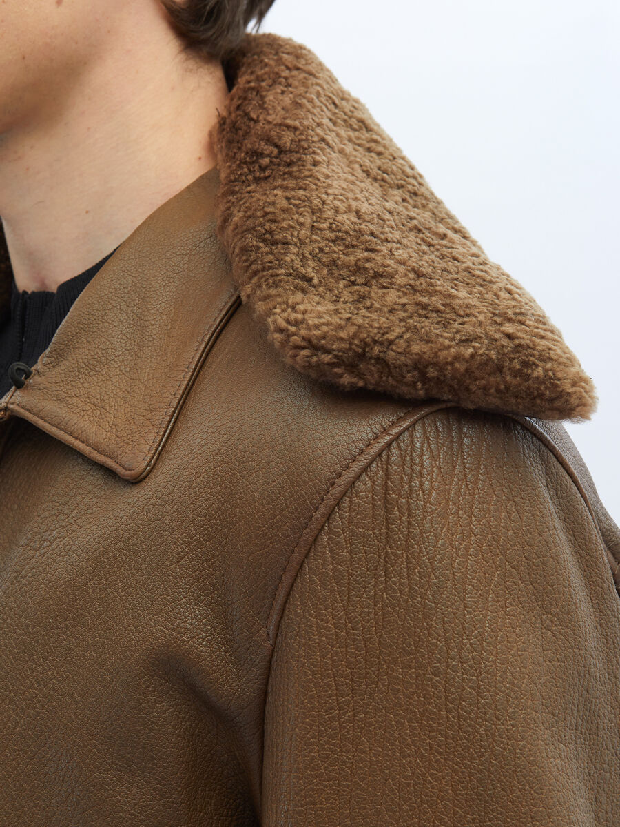 Brown Regular Fit Turtleneck Smart Casual Sheep Leather Leather Coat - 7