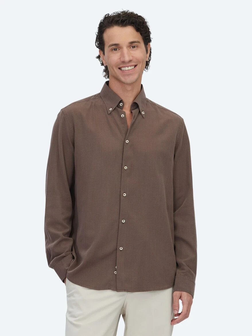 Brown Regular Fit Weaving Casual Cotton Blended Shirt - 1