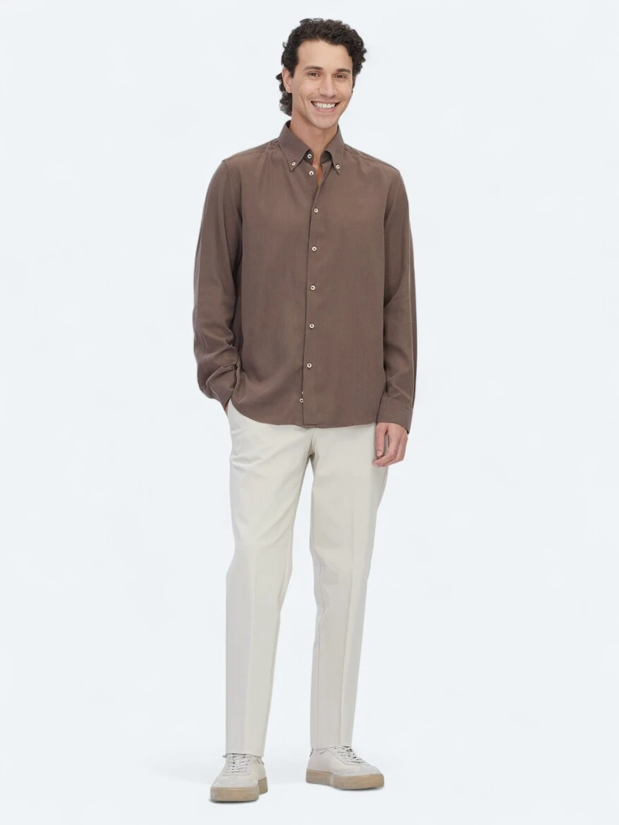 Brown Regular Fit Weaving Casual Cotton Blended Shirt - 2