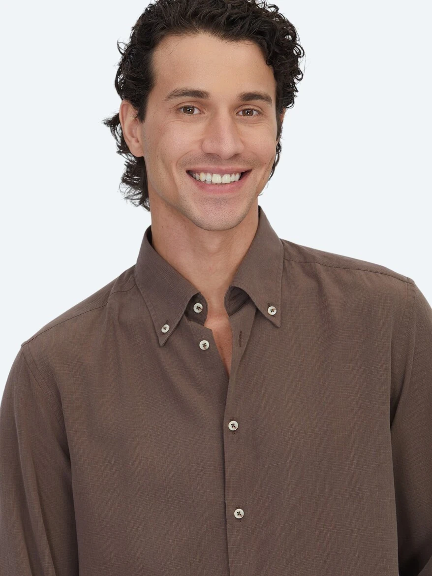 Brown Regular Fit Weaving Casual Cotton Blended Shirt - KİP