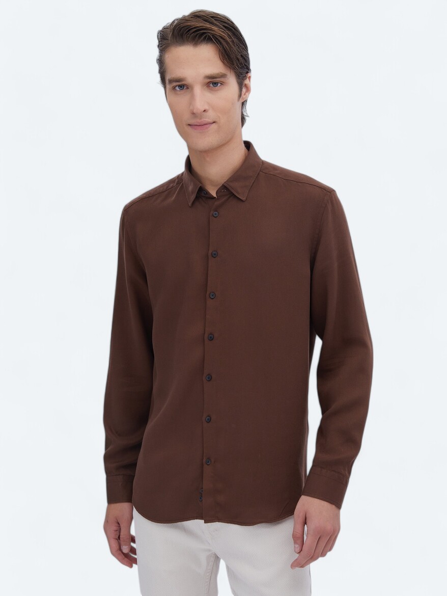 Brown Ribbed Regular Fit Long Weaving Casual Shirt - 3