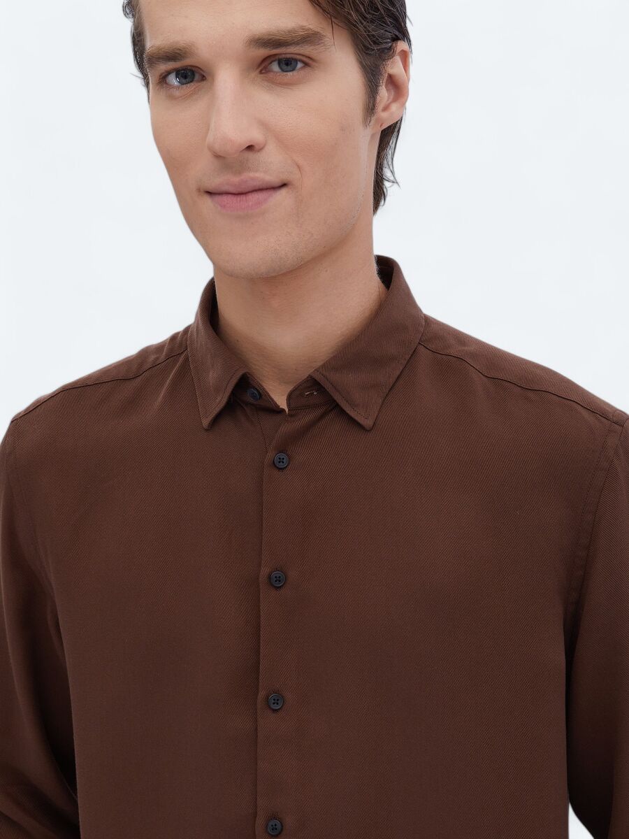 Brown Ribbed Regular Fit Long Weaving Casual Shirt - 4