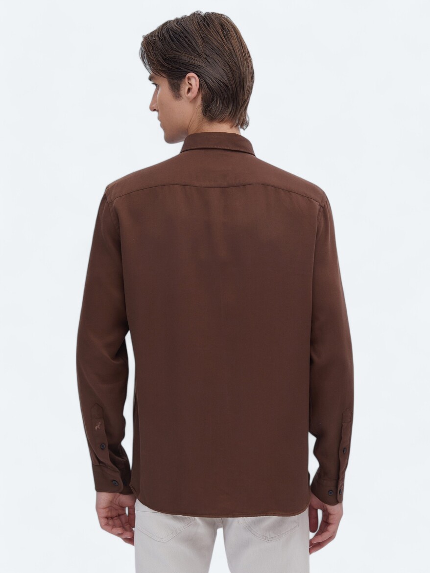 Brown Ribbed Regular Fit Long Weaving Casual Shirt - 6