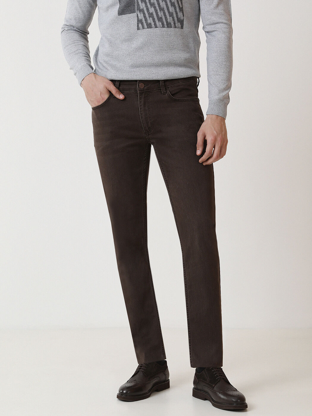 Brown Slim Fit Denim Cotton Blended Trousers - 1