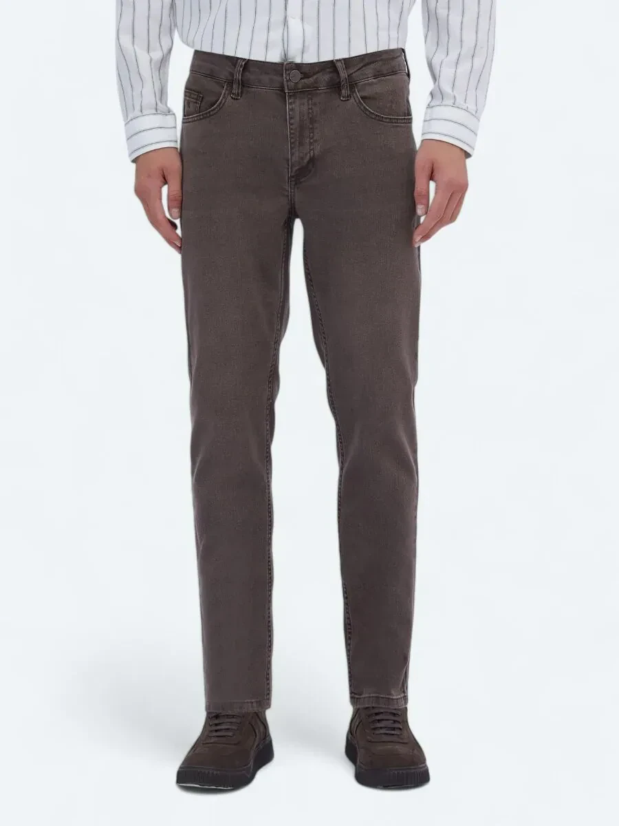 Brown Slim Fit Denim Cotton Blended Trousers - 2
