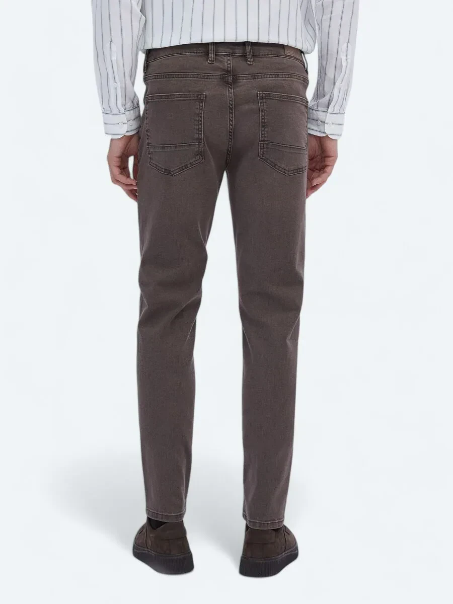 Brown Slim Fit Denim Cotton Blended Trousers - 4