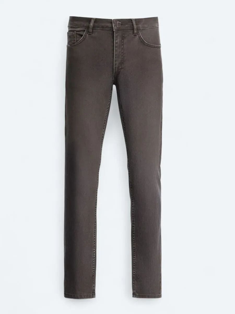 Brown Slim Fit Denim Cotton Blended Trousers - 1