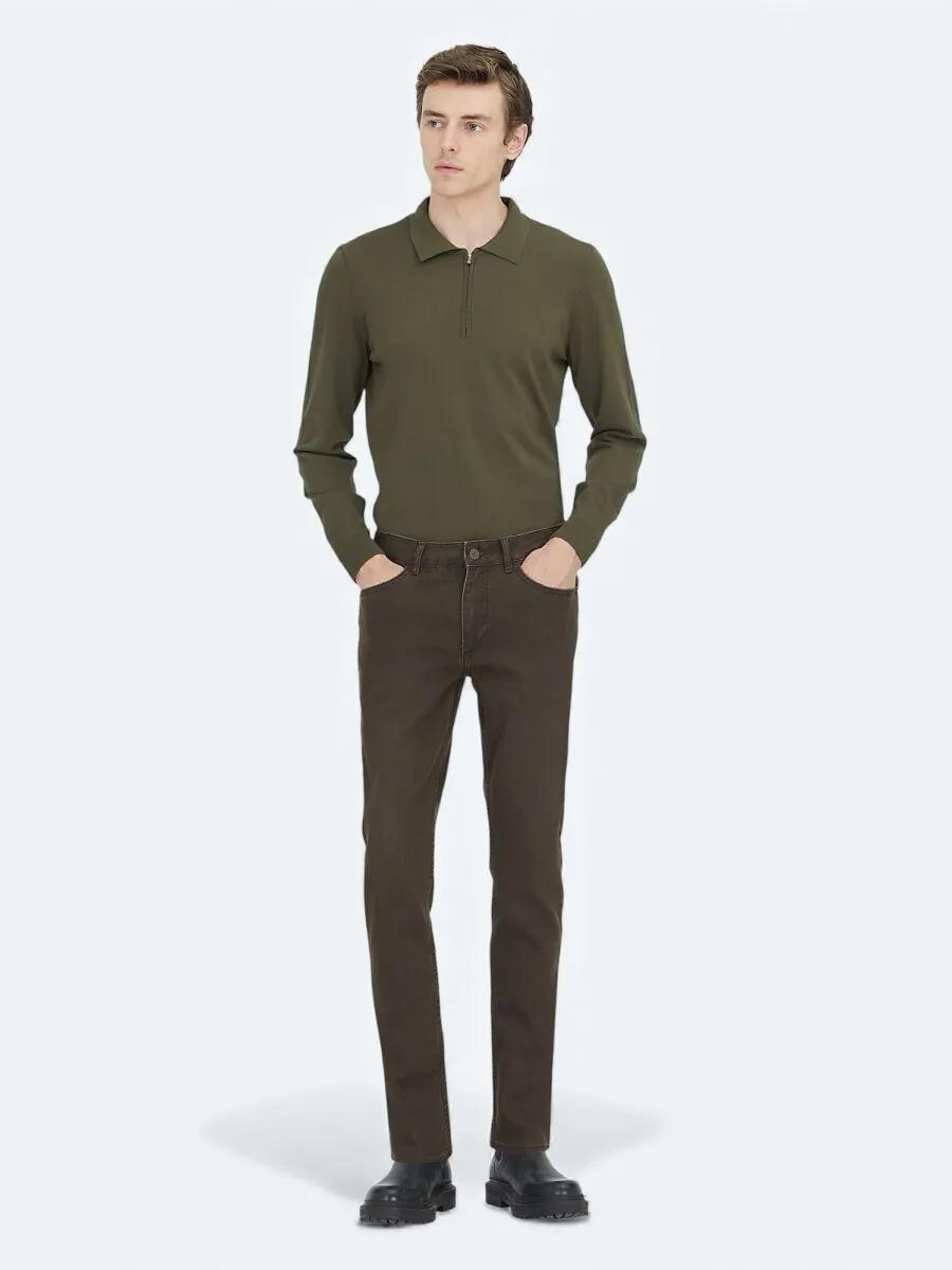 Brown Slim Fit Denim Cotton Blended Trousers - 1