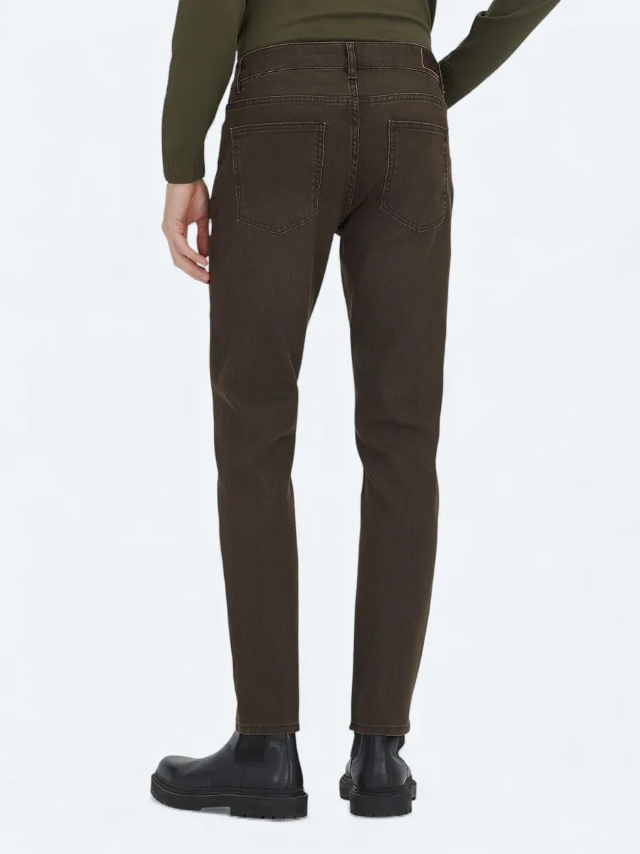 Brown Slim Fit Denim Cotton Blended Trousers - 4