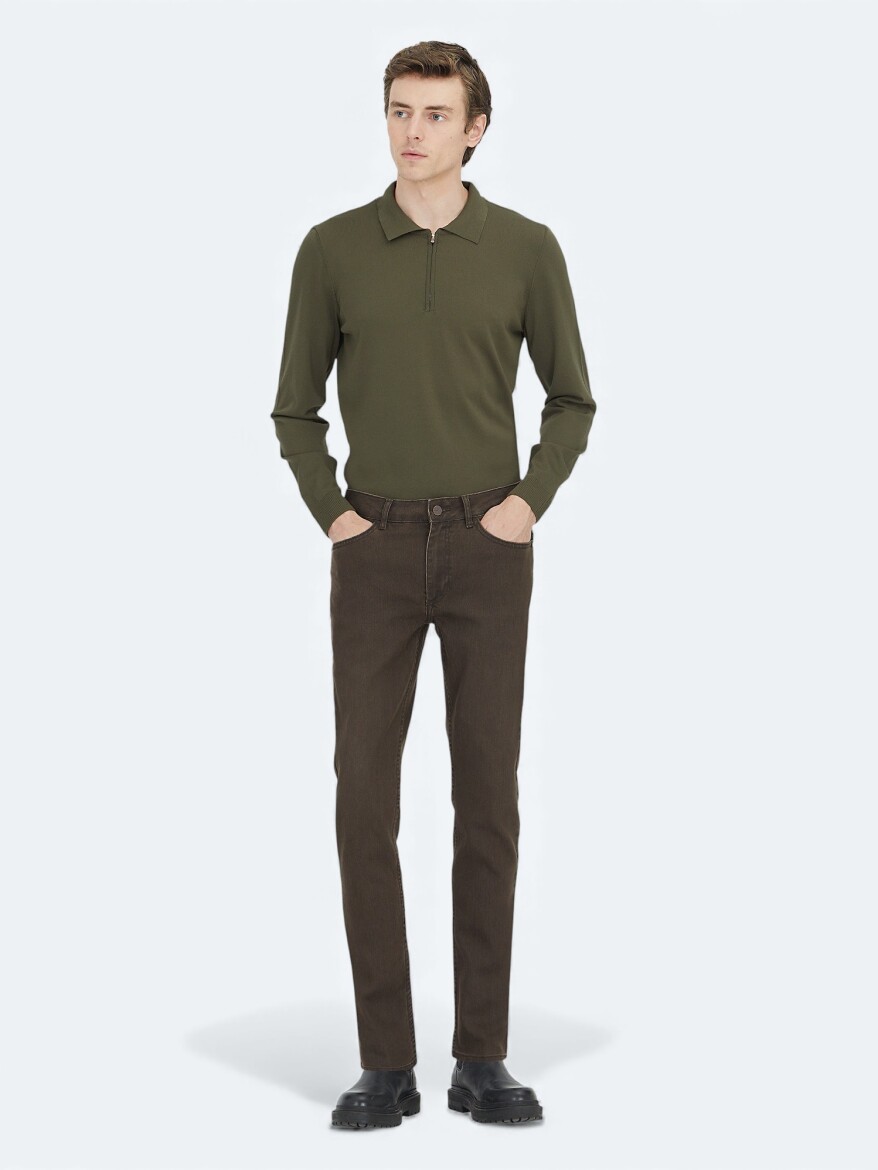 Brown Slim Fit Denim Cotton Blended Trousers - KİP