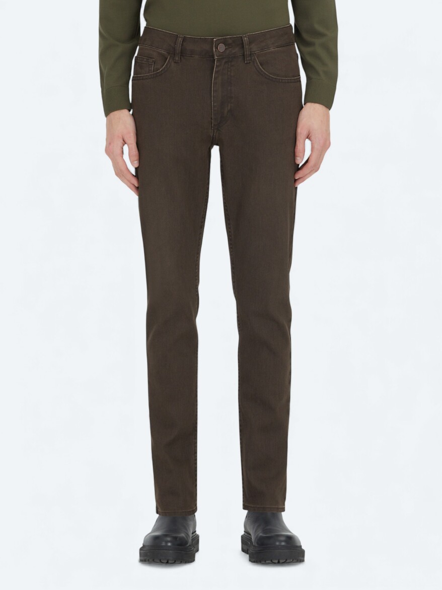 Brown Slim Fit Denim Cotton Blended Trousers 