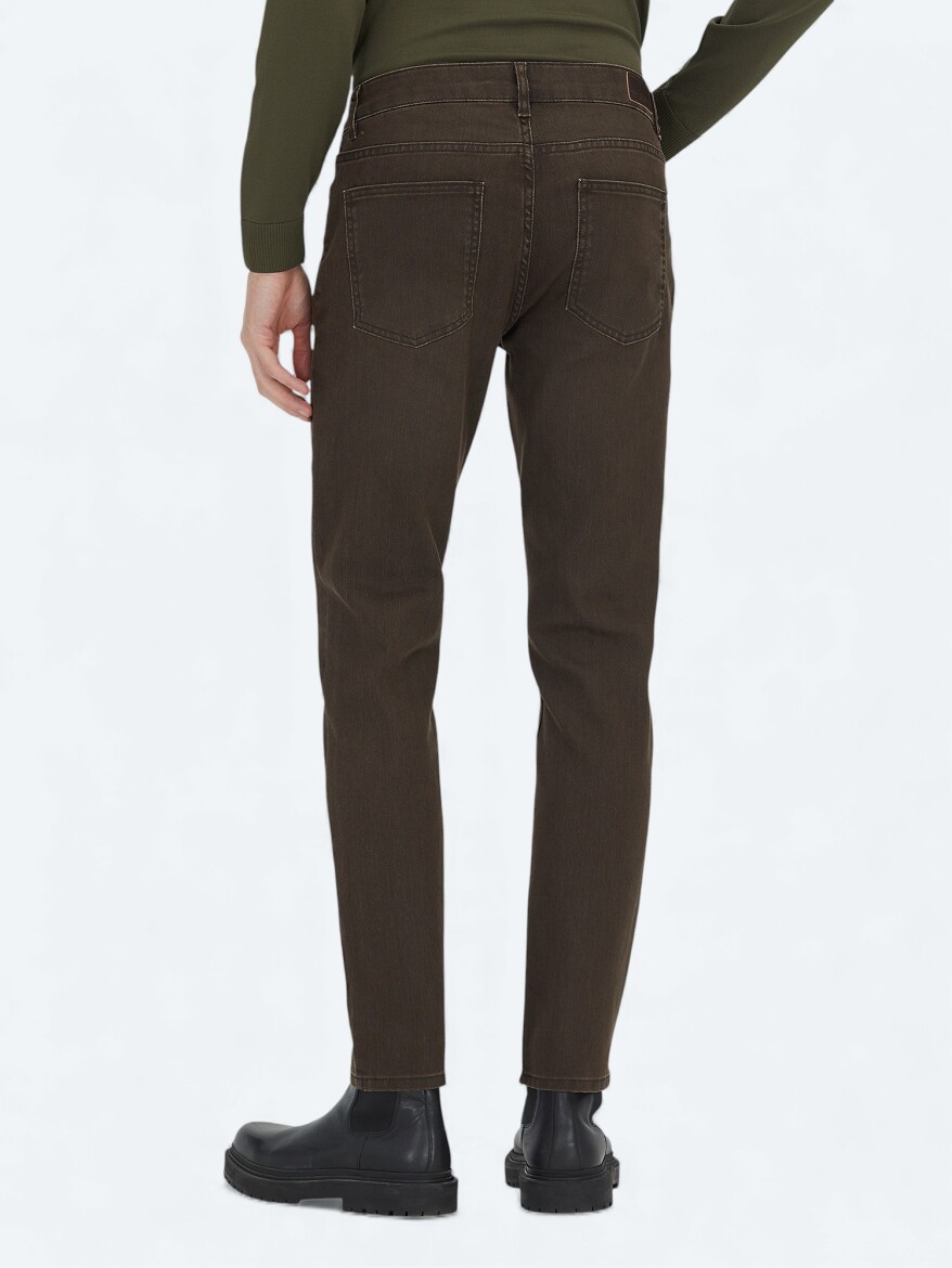 Brown Slim Fit Denim Cotton Blended Trousers - 4