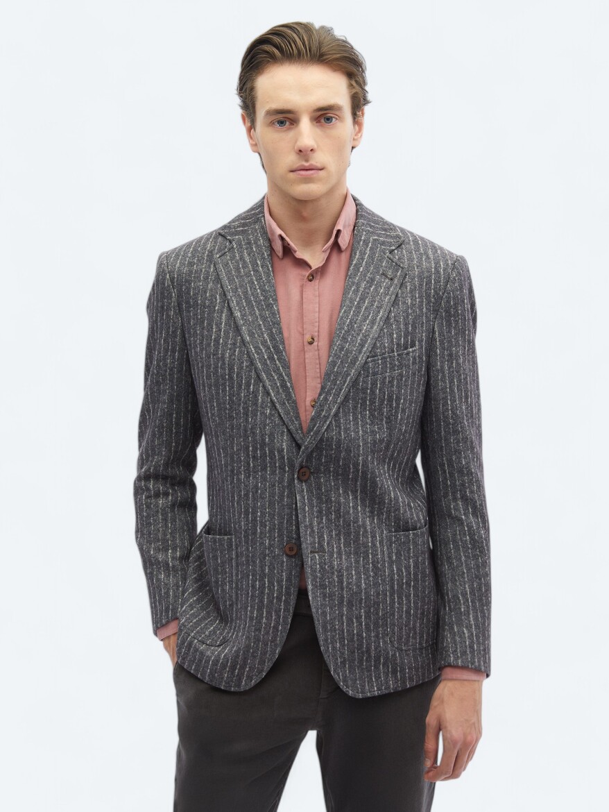 Brown Striped Comfort Fit Jacket - KİP