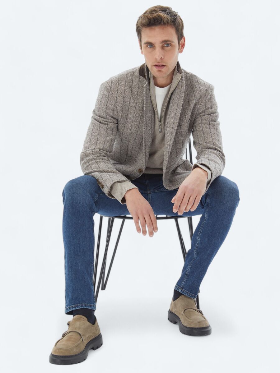 Brown Striped Modern Fit Cotton Blended Jacket - 2