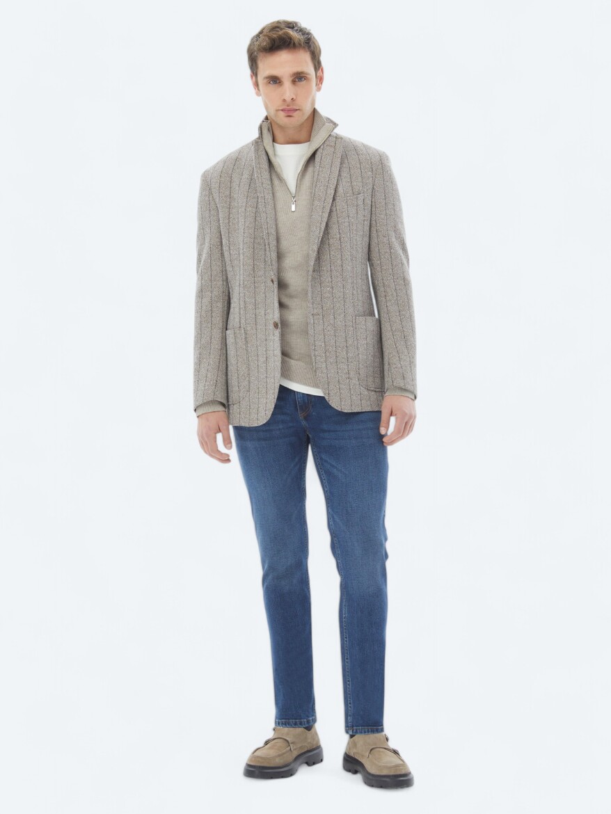 Brown Striped Modern Fit Cotton Blended Jacket - 3