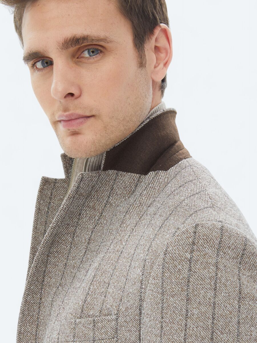 Brown Striped Modern Fit Cotton Blended Jacket - 4