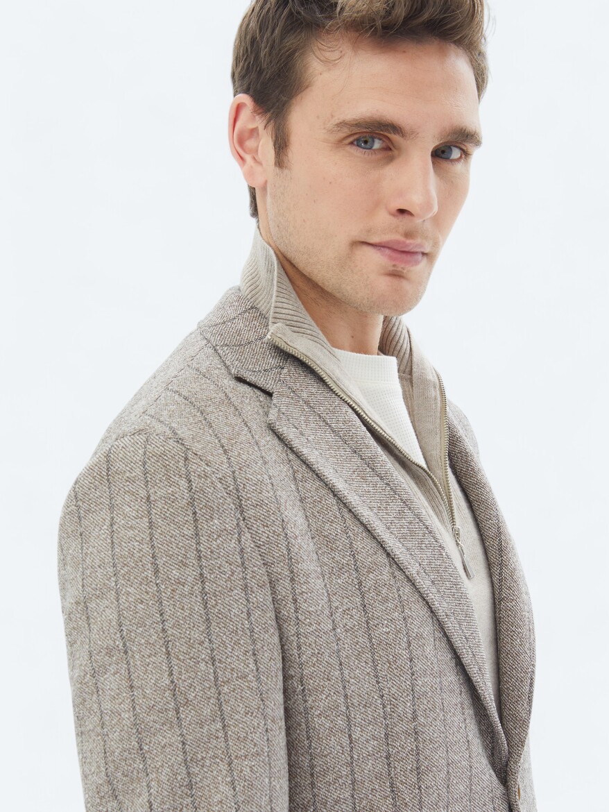 Brown Striped Modern Fit Cotton Blended Jacket - 6