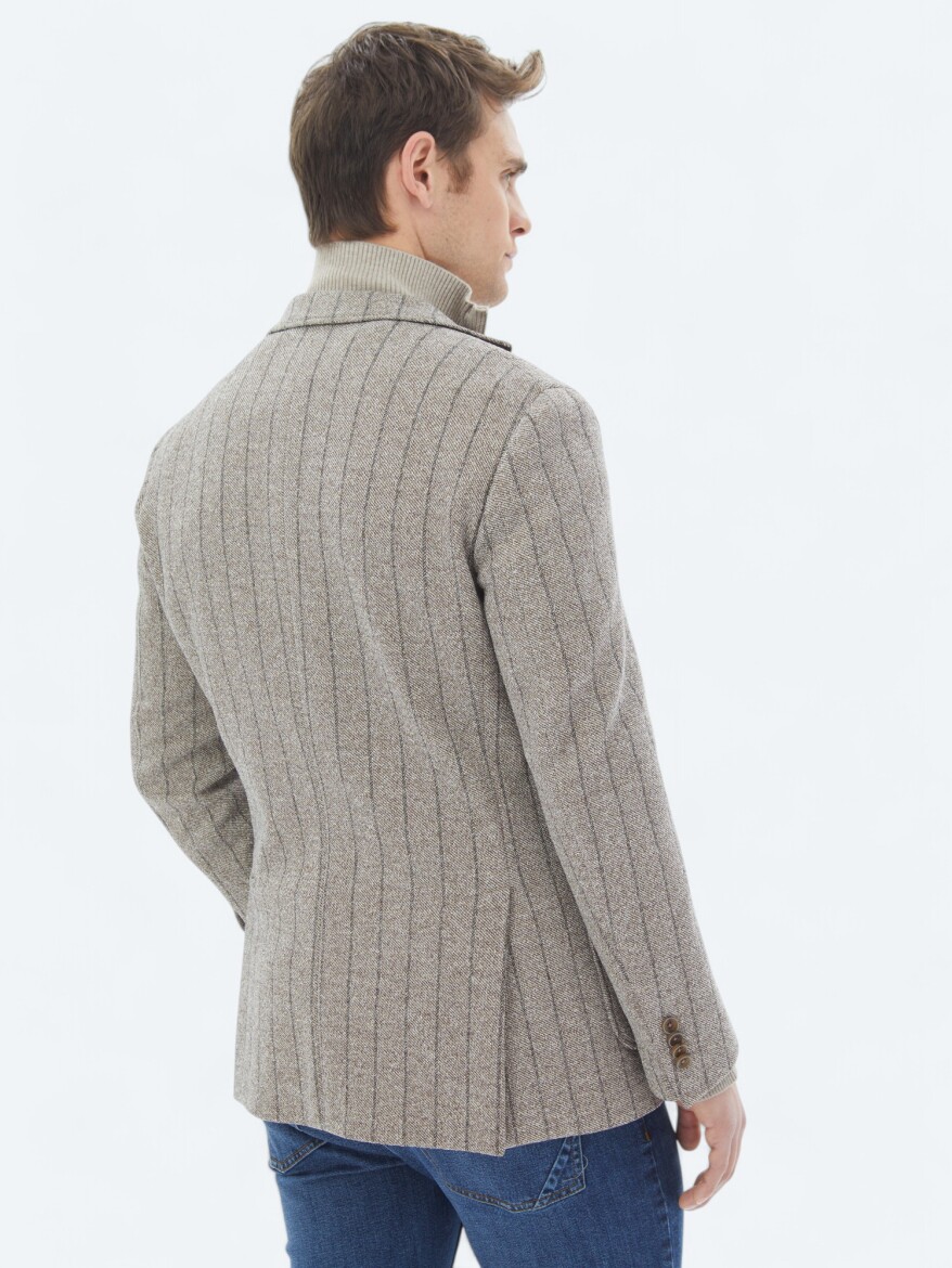Brown Striped Modern Fit Cotton Blended Jacket - 7