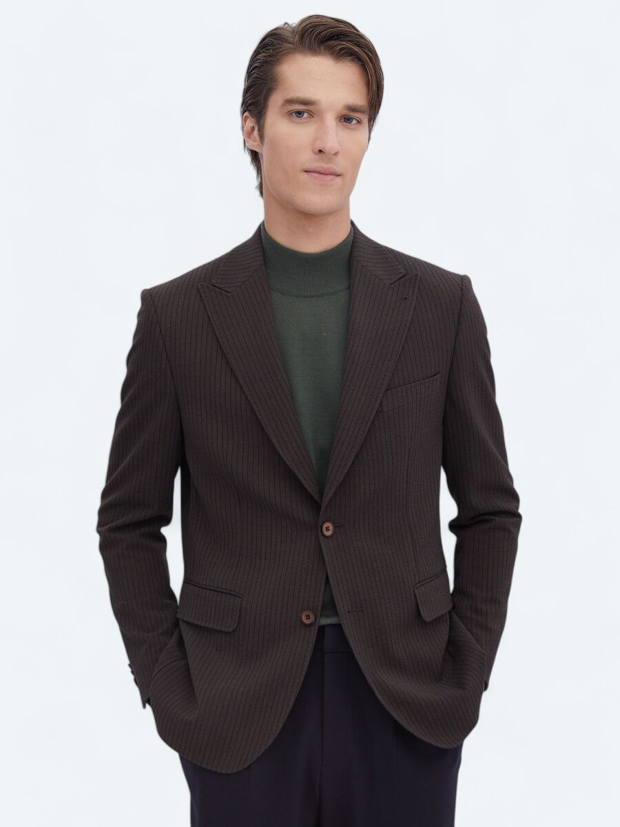 Brown Striped Modern Fit Jacket - 1