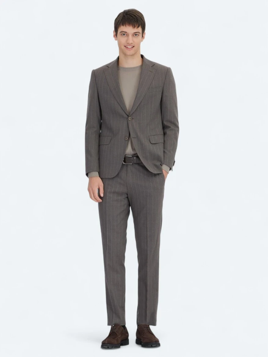 Brown Striped Modern Fit Wool Blended Suit - 2