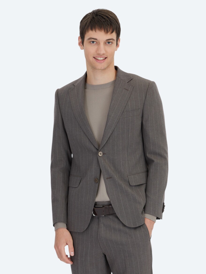 Brown Striped Modern Fit Wool Blended Suit - KİP