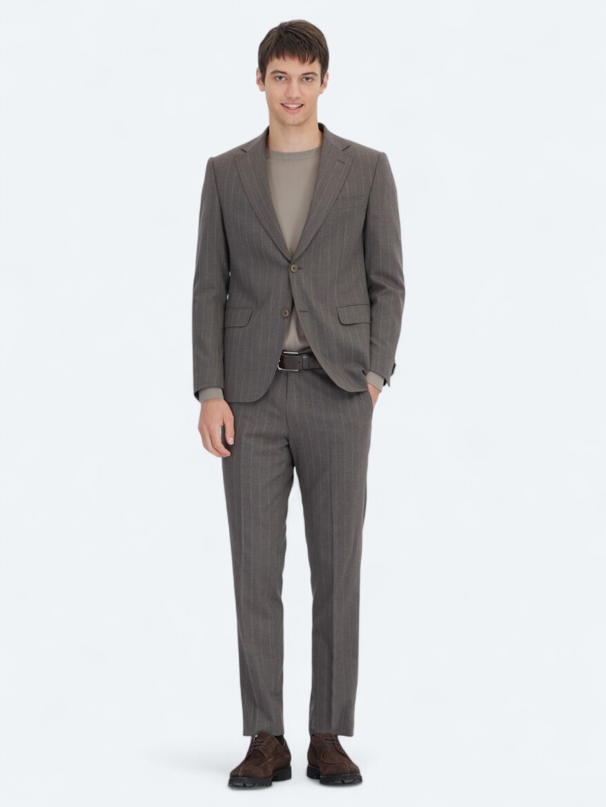 Brown Striped Modern Fit Wool Blended Suit - KİP