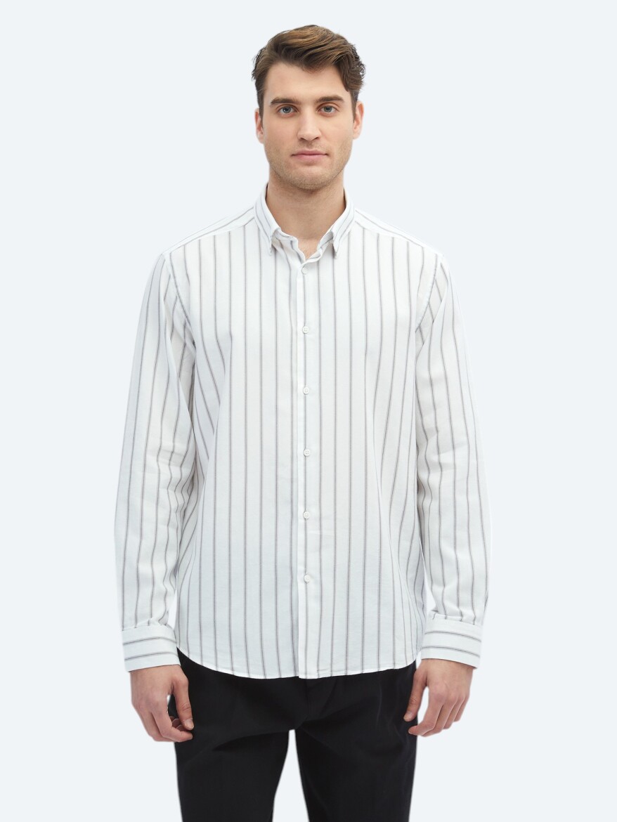 Brown Striped Regular Fit Long Weaving Casual 100% Cotton Shirt - 3