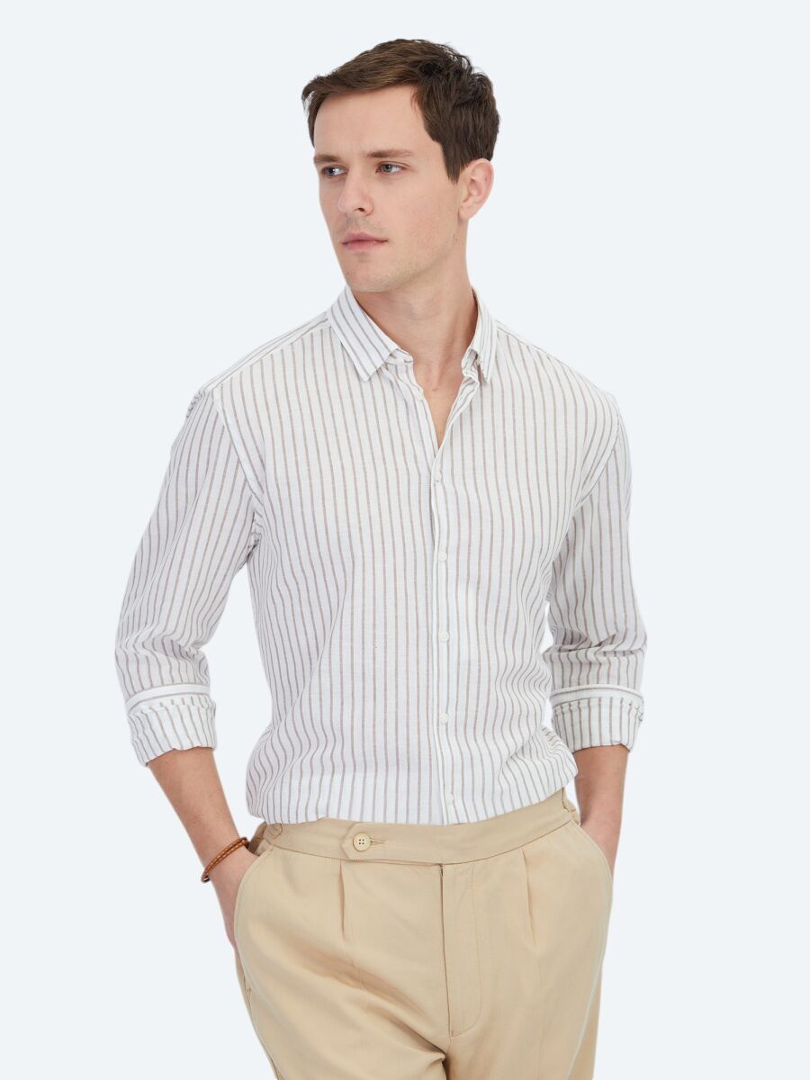 Brown Striped Regular Fit Long Weaving Casual Cotton Blended Shirt - 1