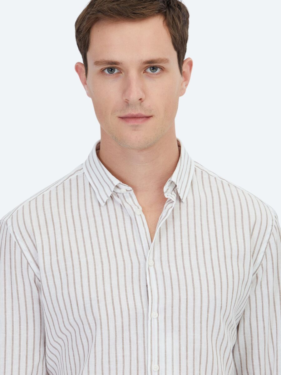 Brown Striped Regular Fit Long Weaving Casual Cotton Blended Shirt - 4