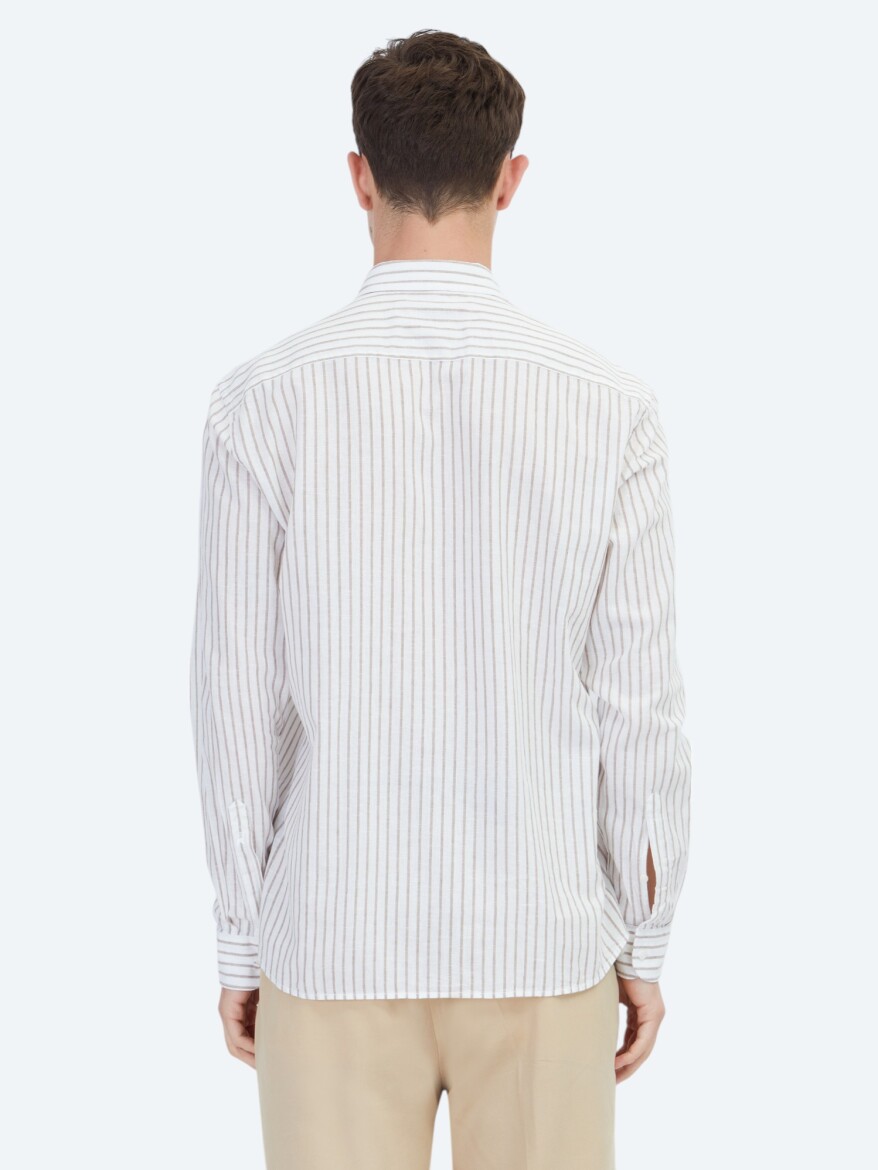 Brown Striped Regular Fit Long Weaving Casual Cotton Blended Shirt - 6