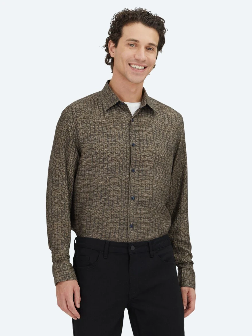 Brown Striped Regular Fit Weaving Casual 100% Cotton Shirt - 1